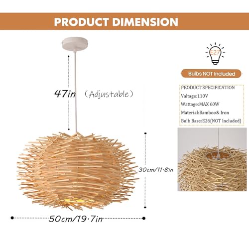 Tropical Island Beach Chandelier Creative Unique Weaving Pendant Lamp Bird's Nest Ceiling Hanging Light Hanging Lighting with Shape Rattan for Teahouse Dining Room in Beige - size: 50cm/19.7in