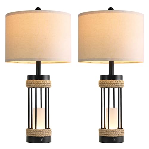 OYEARS 25" Table Lamps Set of 2 with Night Light, Rustic Bedside Lamps with USB C+A Charging Ports, Black Metal Lamp with Rope Accent and Frosted Glass, Farmhouse Lamps for Living Room Bedroom - color: Farmhouse Black