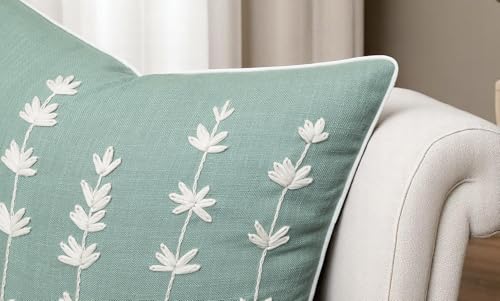 VAGMINE Embroidered Wildflower Floral 18x18 Throw Pillow Cover - Light Teal Cotton Square Cushion for Sofa Couch Bed - Cottagecore Farmhouse Spring Decor - Daisy - color: Light Teal-daisy, size: 18" x 18" (Pack of 1)