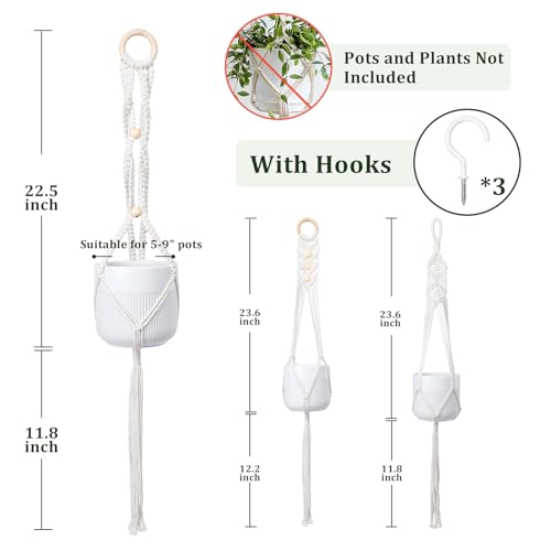 Macrame Plant Hanger 3 PCS Hanging Planters for Indoor Plants with Wood Decor Bohemian Wall Plant Hanger Outdoor Office - color: Beige 01