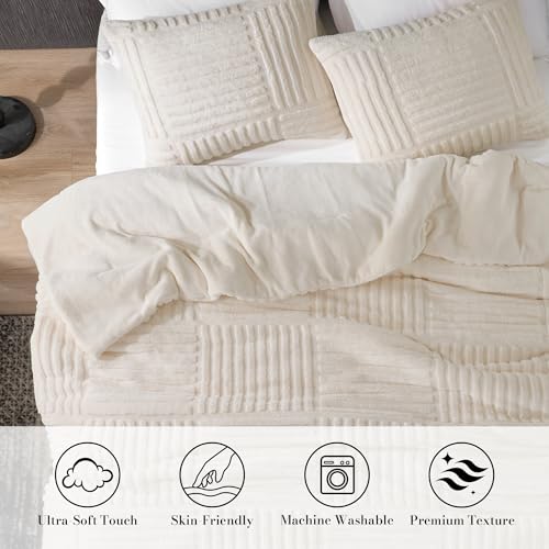 Amélie Home Fleece Comforter Set Queen Size, Beige Fleece Bedding Set with Stripe Jacquard, Soft Fluffy Bedding Set, 3 Pieces, 1 Warm Comforter and 2 Pillowcases - color: Stripe Patchwork Beige, size: Queen (90"x90")