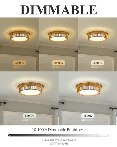 Boho Light Fixtures Ceiling 15W LED, HWH 13'' Woven Rattan Flush Mount Ceiling Light, Handwoven Twine Cage Light Fixtures 5CCT, 5HYS78F-LED - color: Beige, size: 13 Inch