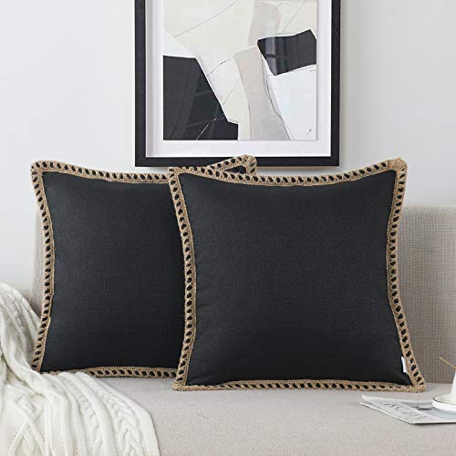 NordECO HOME Set of 2 Farmhouse Throw Pillow Covers - Burlap Linen Trimmed Tailored Edges Decorative Cushion Covers for Bed Home Decoration, 18 x 18, Black - color: Black, size: 18" x 18" (Pack of 2)