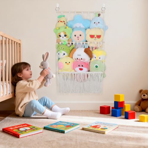 2 Tier Stuffed Animal Storage Shelf Net, 17x32Inch Large Stuffed Animal Organizer Holder Display for Mini Medium Stuffy,Beige Boho Macrame Wall Stuffy Storage Plushies Storage for Nursery Decor - color: Beige, size: Large-2 Tier-17x32 Inch