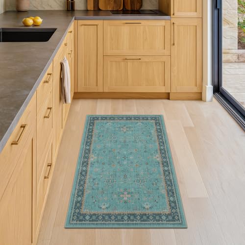2x3 Washable Teal Rug for Entryway Indoor, Kitchen Floor Waterproof, Bathroom, Powder Room, Non Slip Low Pile Stain & Fade Resistant, Modern Turquoise Aqua Décor - color: Emerald Teal, size: 2' x 3' (Rectangular)