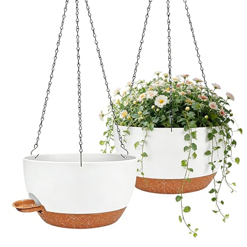 12 Inch Self Watering Hanging Planters 2 Pack, Indoor Outdoor Hanging Pots for Plants with Drainage Holes & Saucers, White Brown Plastic Hanging Baskets for Kitchen Balcony Garden - color: White Brown