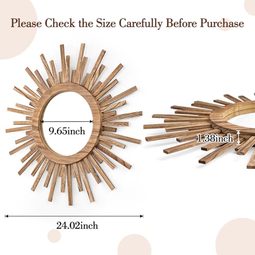 24 Inch Boho Sunburst Mirror, Round Wooden Wall Decor Starburst Sun Mirror for Bedroom, Living Room, Bathroom, Hallway, Balcony, Farmhouse Entryway, Housewarming Gift（Rustic Brown - color: Wood Color, size: 24"L x 24"W