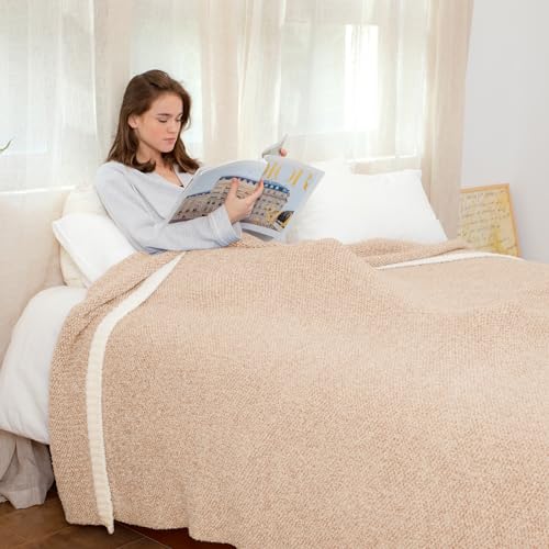 Snuggle Sac Super Soft & Reversible Heather Beige Throw - Oversized Cozy Knit Blanket for Bed, Sofa, Living Room, Twin Size (60x80 Inches) - color: Heather Beige, size: Twin (60"x80")