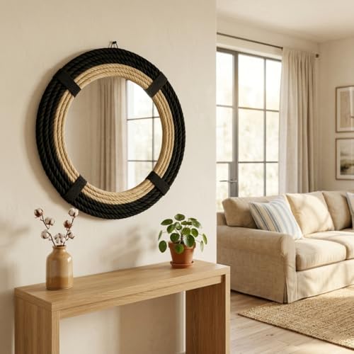 12" Inch Round Rustic Farmhouse Boho Shabby Chic Wall Hanging Mirror with Natural Jute Rope Decor Accent for Entryway, Bedroom, or Living Room (Color 1) - color: Color 1