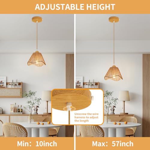 Wave Rattan Chandelier Pendant Lights Kitchen Island,Farmhouse Boho Chandeliers Adjustable Height Hanging lamp for Dining Room,Kitchen Ceiling Light Fixtures with Hand Woven Wicker Lampshade - size: 1 Pack