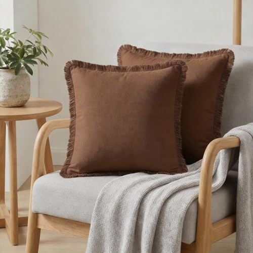 AVOIN colorlife Decorative Linen Fringe Throw Pillow Covers Set of 2, 18 x 18 Inch Brick Cozy Boho Farmhouse Cushion Case with Tassels Soft Accent Decoration for Bedroom Home Sofa Couch