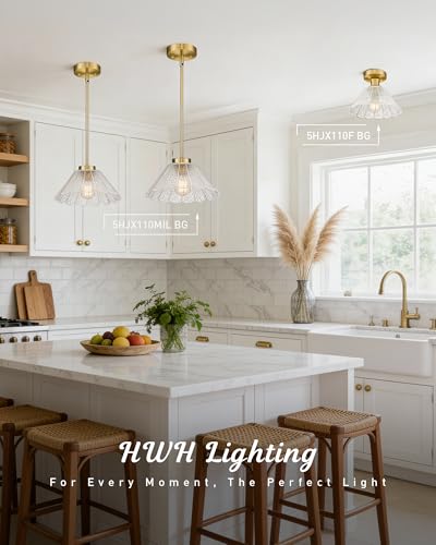 Modern Pendant Light Fixtures, HWH Pendant Lights for Island Dining Room Hallway, Bedroom, Gold Hanging Lighting with Clear Floral Glass, Brushed Gold Finish, 5HJX110MIL BG - color: Gold