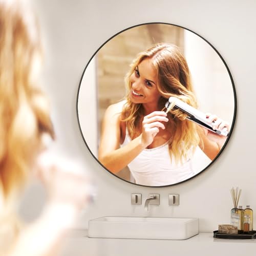 42 Inch Round Bathroom Mirror - Black Wall Mounted Circle Mirror with Metal Frame, Modern Round Hanging Mirror Suitable for Bathroom, Vanity, Entryway, Living Room - color: Black, size: 42"L x 42"W
