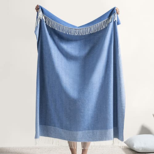 Lands Downunder All-Season, Luxury Azure Border Herringbone Throw – Soft Woven Throw with Decorative Fringe – Made in Italy – 51”W x 67”L - Perfect for Gifting - color: Azure