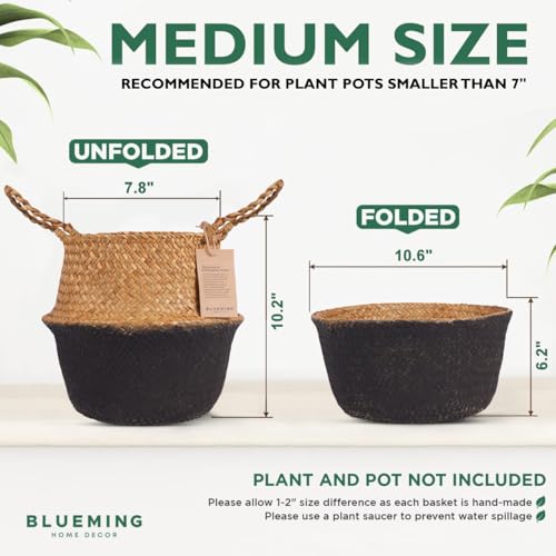 Blueming Home Wicker Plant Basket – Medium Seagrass Planter Pot for Faux Olive Trees or Houseplants, Decorative Woven Black Bottom Wicker Planter for Living Room, Shelf, or Entryway - color: Black Brown, size: Medium