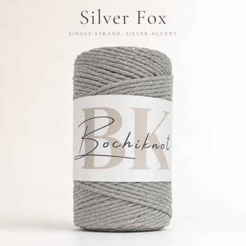 BOCHIKNOT Single Strand Macrame Cord 5mm x 160yds (150m) – Soft Cotton Macrame Rope for Beginners, Easy to Knot for Wall Hangings, Plant Hangers, Fringe and DIY Crafts (Silver Fox) - color: Silver Fox, size: (5mm x 146m) - Single Strand Twist