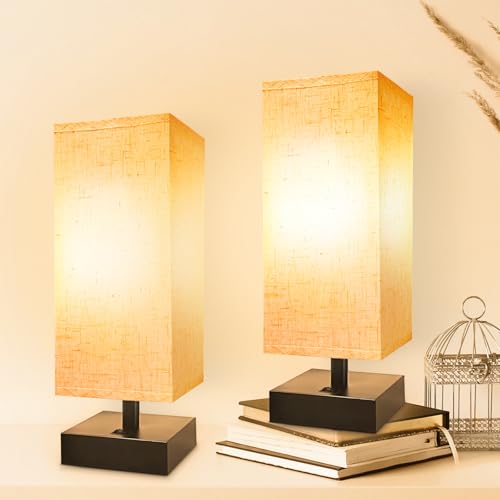 DEGNJU Small Bedside Lamp, Mini Minimalist Table Lamp with Square Flaxen Fabric Shade, 11 Inch Desk Reading Lamp for Bedroom, Living Room, Office, 2 Pack - color: Square-Flaxen-11 Inch, size: 2 Pack