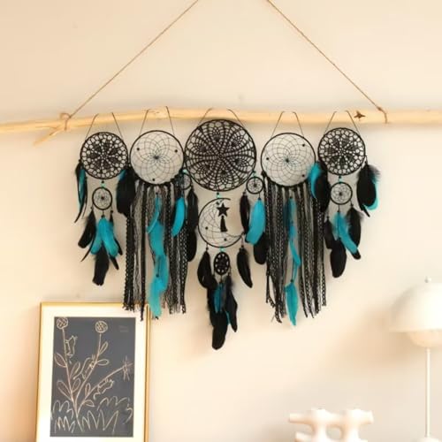 Set of 5 Boho, Hanging Large Boho Dream Catcher Wall Hanging Moon Dream Catcher Set Dream Catchers Wall Decor for Vintage Wedding Home Decorations (Black Blue) - color: Black Blue