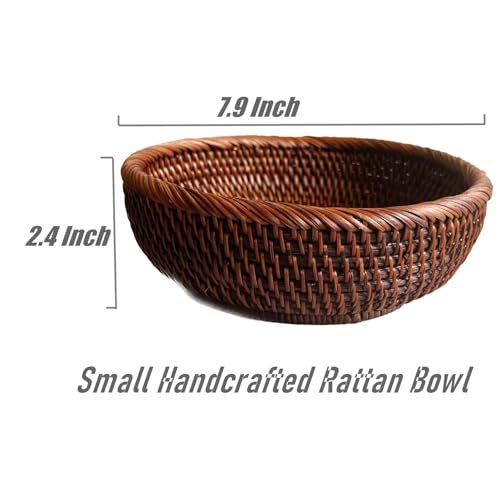 8 Inch Round Rattan Bowl Basket, Handmade Wicker Basket Tray with Scalloped Edge and 3”Deep Wall, Decorative Woven Dark Brown Bread Basket Fruit Bowl Key Holder Table Centerpiece, S - color: S - D7.9 x H2.4 inch