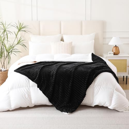 Black Sherpa Fleece Throw Blanket 60”×80” for Couch Sofa Bed,Double Side Soft Fuzzy Cozy Plush Thick Flannel Blanket with Striped Design,Gift for Adults,Woman,Girls - color: Black, size: 60×80inch