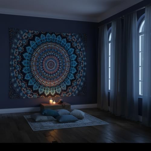 Motanber Blue Mandala Tapestry Wall Hanging Vintage Medallion Tapestry Aesthetic Hippie Boho Floral Cool Cute Small Tapestries for Bedroom Living Room Dorm Decor 60 x 44 Inch - color: Navy Blue, size: 60"L x 44"W