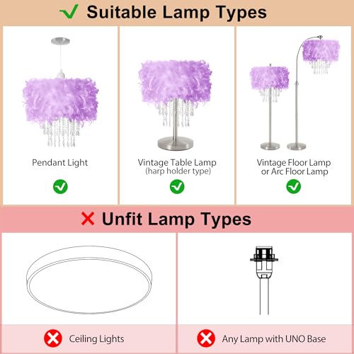Feather Lamp Shade with Acrylic Beads Droplets, Fluffy Lampshade for Pendant, Table, Floor & Wall Lighting, Girl Bedroom Decor, ID 15.7inch, OD 19.7inch, Purple - color: Purple, size: 19.7 inches