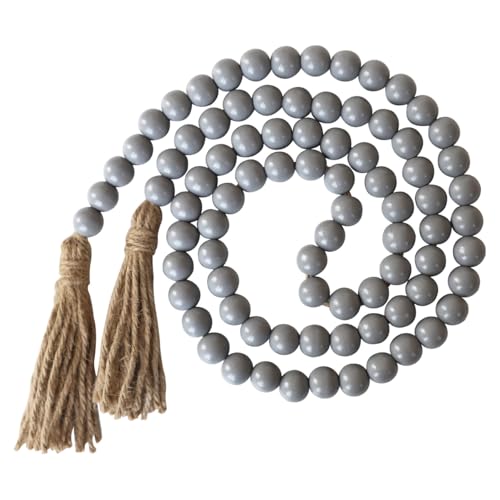 Boho Decor Wood Beads Garland Farmhouse Wall Hanging Decorations Natural Wooden Bead Tassel Decorative for Coffee Table Christmas and Prayer (Gray, 58") - color: Grey, size: 58"