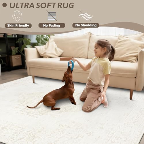 6x9 Area Rugs for Living Room: Washable Vintage Large Retro Rug Soft Non-Slip Indoor Low Pile Carpet for Bedroom Dining Room Nursery Office (Beige, 6' x 9') - color: Beige, size: 6' x 9' (Rectangular)