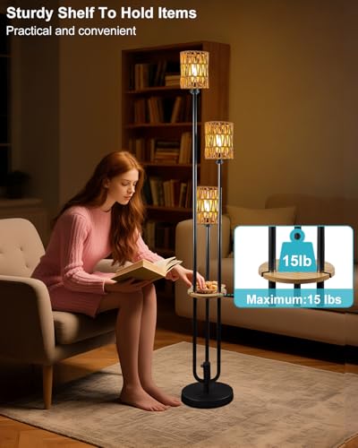 63IN Dimmable Floor Lamp with Shelf, Black Rattan Tall Standing Lamps Candle Holder Style, 3000K Warmwhite Mid Century Modern Floor Lamp with 5Lbs Heavy Base for Living Room (Bulbs Included) - color: 3 Rattan-Black Shelf