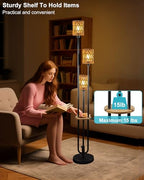 63IN Dimmable Floor Lamp with Shelf, Black Rattan Tall Standing Lamps Candle Holder Style, 3000K Warmwhite Mid Century Modern Floor Lamp with 5Lbs Heavy Base for Living Room (Bulbs Included) - color: 3 Rattan-Black Shelf