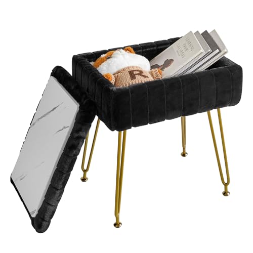 IBUYKE Stool Chair with Storage Space, Footrest Footstool Ottoman, Small Side Table, with 4 Metal Legs, with Anti-Slip Feet, for Makeup Room, Bedroom, Black, Faux Fur LG-50B - color: Black, size: 15.8"D x 11.8"W x 18.9"H