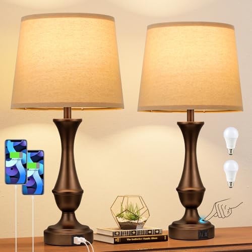 Seealle Touch Lamps for Nightstand, 3 Way Dimmable Table Lamp with USB C+A | Touch Control, Dimmable, USB C+A Charging Ports, LED Bulb Included, Corded, Bedside Lamp, Bedroom Lamp, Living Room Office - color: D. Oat Shade & Brown Base, size: Medium（22 In）