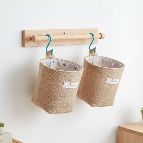 2 Pack Hanging Basket for Door, Small Wall Hanging Storage Bags Jute Wall Basket Decor Foldable Walls Hangings Baskets Boho Camper Decorative Bag for Key, Sunglasses, Wallet on Door,with Mounting Hook