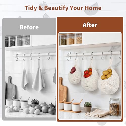 3 Pack Boho Decor Hanging Fruit Baskets with Hooks, Hand-woven Cotton Wall Storage Baskets for Fruit Vegetable Flower 3 Sizes, Hanging Holder Teardrop Produce Basket for Kitchen Organization, Beige - color: Beige, size: 3 Pack