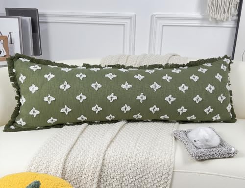 Boho Long Lumbar Pillow Cover 14x40 with Tassel Fringe,3D Flower Patterned Extra Decorative Long Lumbar Pillow Cover Case for Sofa Couch Bed Livingroom Farmhouse,Sage Green - color: Sage Green, size: 40" x 14" (Pack of 1)