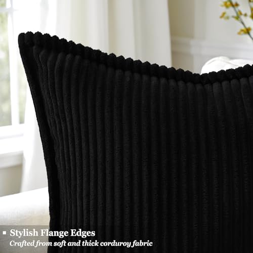 decorUhome Summer Corduroy Black Throw Pillow Covers 16x16 Set of 2 Decorative Soft Boho Farmhouse Couch Pillow Covers for Living Room Bed Sofa Broadside Striped Pillow Cases - color: Black, size: 16" x 16" (Pack of 2)