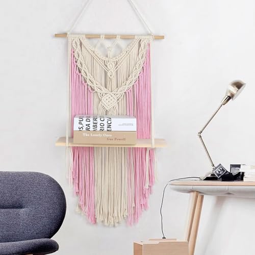 HVEST Pink Macrame Wall Hanging Shelf Boho Wall Decor Floating Storage Book Shelf Pink and Beige Handmade Woven Tapestry for Bedroom Living Room Dorm Nursery Bathroom Wall Art Macrame Plant Hanger - color: Pink Beige