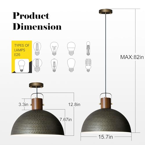 Large Pendant Light Fixtures, 15.7 Inch Vintage Wood Dome Chandelier Lamp, Hammered Matte Brushed Metal Pendant Lamp, Mid Century Gold Ceiling Hanging Light for Dining Room, Living Room Kitchen Island