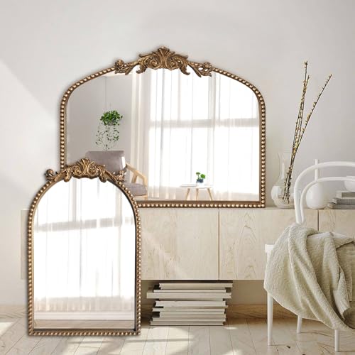 ironsmithn Gold Arched Mirror, 30"x36" Ornate Beaded Frame Mirrors, Metal Decorative Accent Mirror for Fireplace Bedroom Bathroom Living Room Entryway - size: 30"L x 36"W