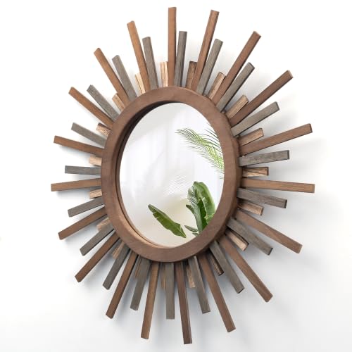 24 Inch Boho Sunburst Mirror, Decorative Rustic Farmhouse Wall Decor for Living Room, Bedroom, Bathroom, Hallway - Tricolor Wood Frame - color: Trilcolor, size: 24"L x 24"W
