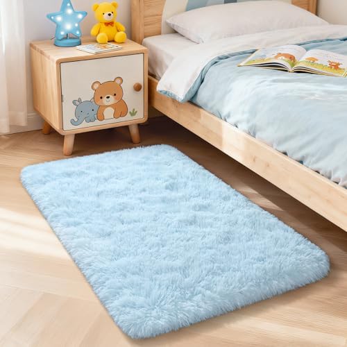 Merelax Fluffy Rug Shaggy Area Rug, Baby Blue 2x3 Small Rugs for Bedroom, Mini Fuzzy Plush Kids Bedside Rug, Soft Non-Slip Entryway Throw Rugs Shag Catpet for Living Room Nursery Room Home Decor - color: Baby Blue, size: 2' x 3' (Rectangular)