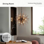 23.6" Farmhouse Sputnik Chandelier for Dining Room Rustic Handmade Natural Wood 12-Light Hanging Ceiling Pendant Light Fixture Starburst Wood Chandeliers for Kitchen Bedroom Foyer Hallway - size: Diameter 23.6", 12-Light
