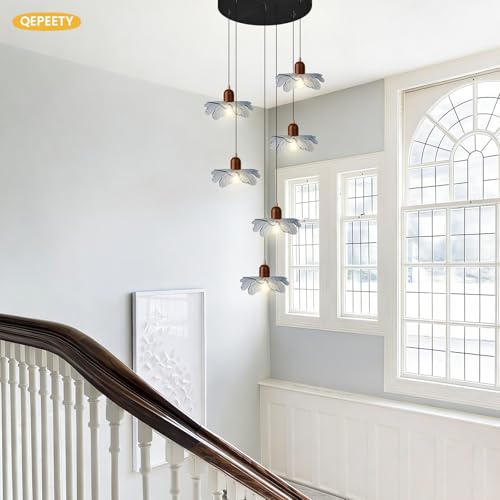 6-Light Blue Glass Flower Chandelier, Adjustable Height Staircase Pendant Light, Modern Mid Century Floral Hanging Ceiling Fixture for Living Room Dining Room Foyer Entryway - color: Blue, 6 Lights