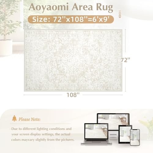 Aoyaomi Vintage Living Room Area Rug - 6x9 Large Machine Washable Boho Area Rug Distressed Floral Rugs for Bedroom, Soft Non-Slip Indoor Floor Accent Rugs for Office Dining Room (Cream Beige, 6'x9') - color: Cream Beige, size: 6' X 9' (Rectangular)