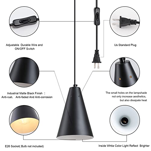 Black Plug In Pendant Light,Hanging Lights With Plug In Cord On/Off Switch, Mini Pendant Lights for Kitchen Island,Modern Farmhouse Pendant Light Fixture with Metal Shade,Hanging Lamps for Bedroom - color: 1Pack black-Plug in