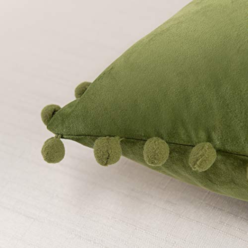 Elegant Comfort POM-POMS Fringe Velvet Cushion Covers Set of 2, Velvet Soft Solid Decorative Square Throw Pillow Covers Set Cushion Case for Couch Bed, Livingroom 18 x 18 Inch (45 x 45 cm), Sage/Green - color: Sage/Green, size: 18" x 18" (Pack of 2)