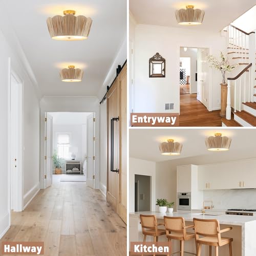 18” Boho Ceiling Light 3-Light Semi Flush Mount Ceiling Light Fixture with Woven Raffia Shade, Boho Light Fixture for Bedroom Kitchen Hallway Entryway - color: Brown