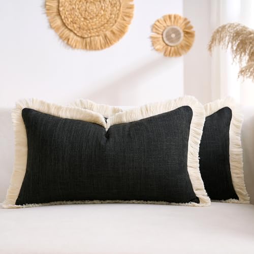 Boho Lumbar Pillow Covers 12x20 Pillow Cover Black Faux Linen Couch Rectangular Pillow Covers Soft Lumbar Cushion Cover with Tassels Farmhouse Cushion for Couch Sofa Bedroom Living Home Set of 2 - color: Black, size: 20" x 12" (Pack of 2)