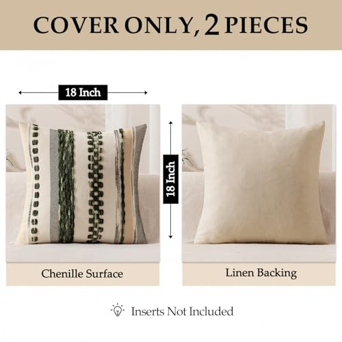 ANRODUO Pack of 2 Boho Decorative Throw Pillow Covers 18x18 Farmhouse Cushion Case Striped Chenille Pillow Cases Square Pillow Covers Accent Neutral Pillowcase for Sofa Couch Bed, Dark Green Stripe - color: Dark Green Stripe, size: 18" x 18" (Pack of 2)