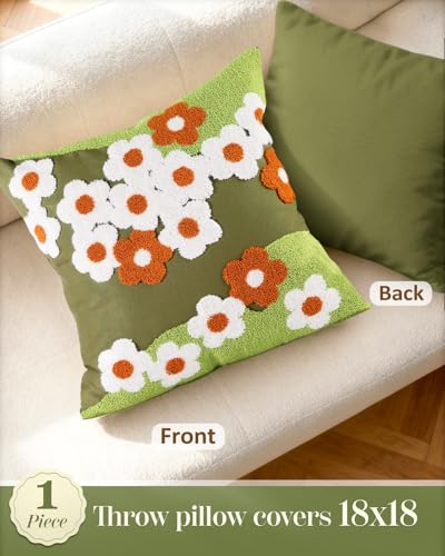 Embroidered Throw Pillow Cover - 18x18 Decorative Pillow Cover with Zipper Aesthetic Cute Design Boho Spring Summer Cozy Throw Pillowcase for Living Room Couch Sofa Bed, Green Flowers - color: Green-flowers, size: 18" x 18" (Pack of 1)